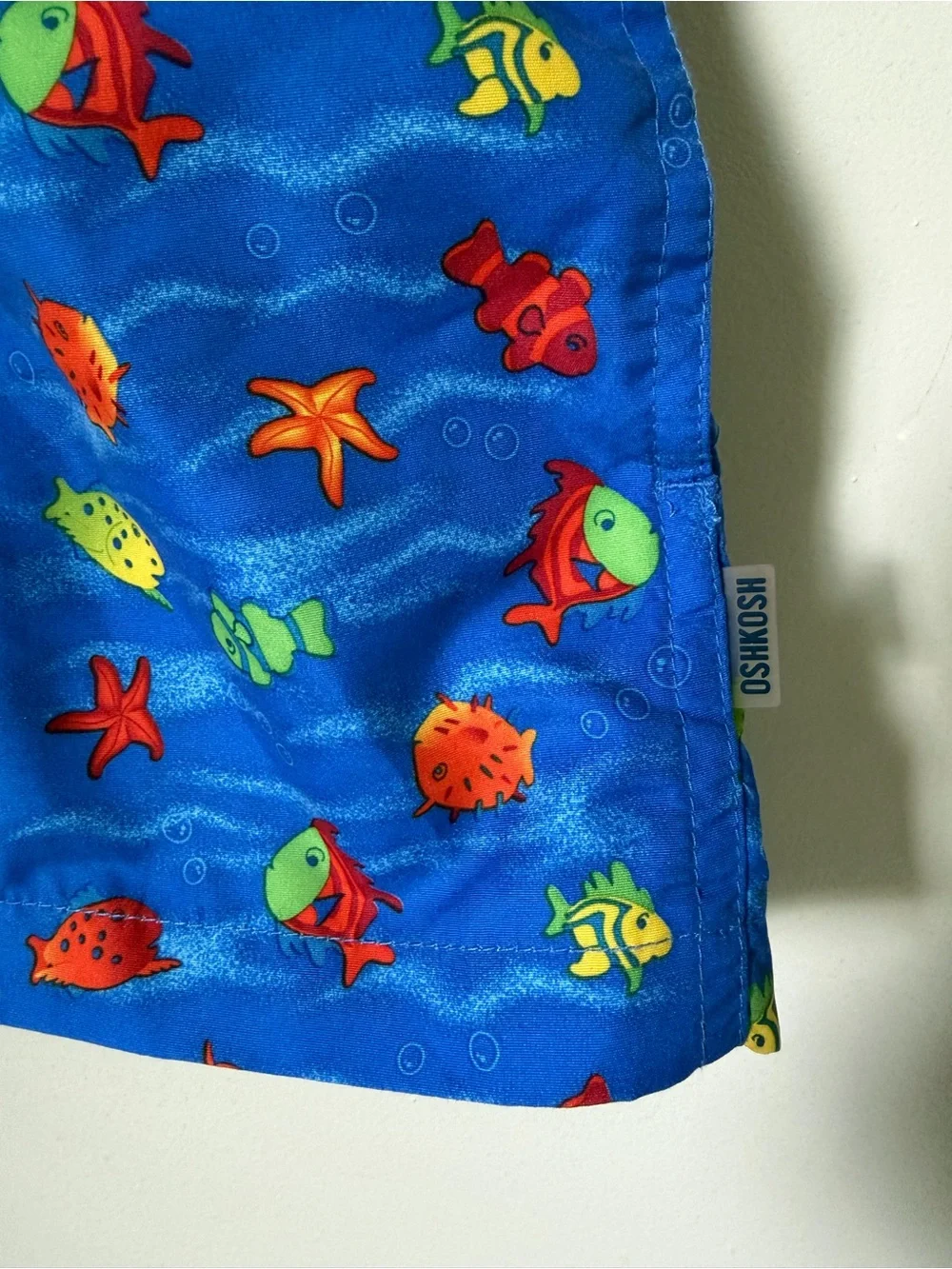 OshKosh Boys Fish Print Swim Trunks Drawstring Lined Elastic Waist Blue 6-9M